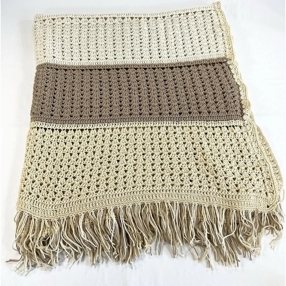 Vintage Waffle Stitch Crochet Afghan Blanket Fringed Throw Large‎ Tan Cream Boho